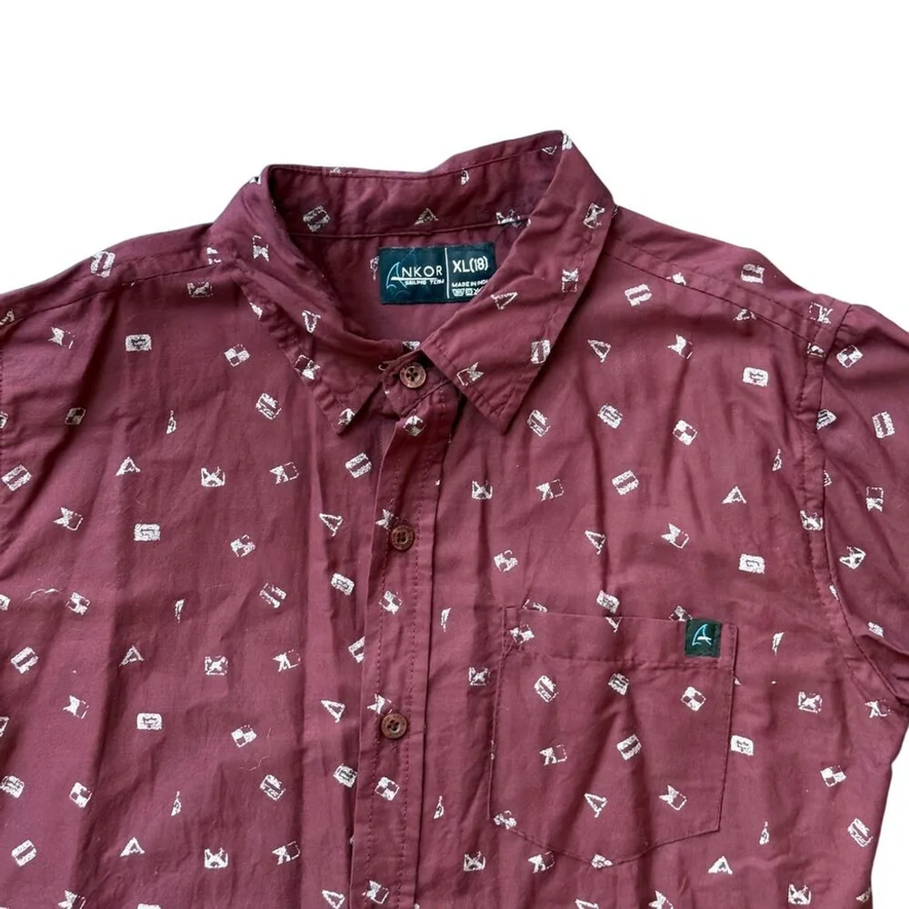 ANKOR Nautical Print Button-Down Shirt | Boys XL (18) | Burgundy Cotton‎